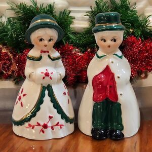 Christmas Porcelain Bell Figurines Victorian Carolers Winter Muff Green Gold Hat